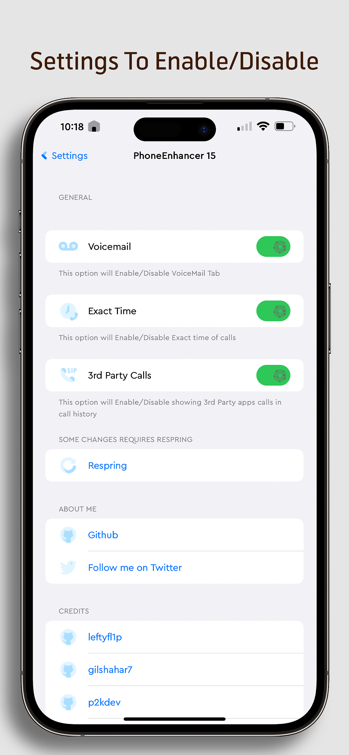 PhoneEnhancer 15 Tweak Screenshot